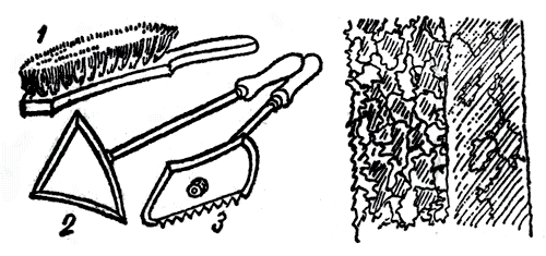 Рис. 111. Инструменты для очистки ствола дерева от отмерших частей коры: l - металлическая щетка; 2 - трехугольный скребок; 3 - зубчатый скребок 